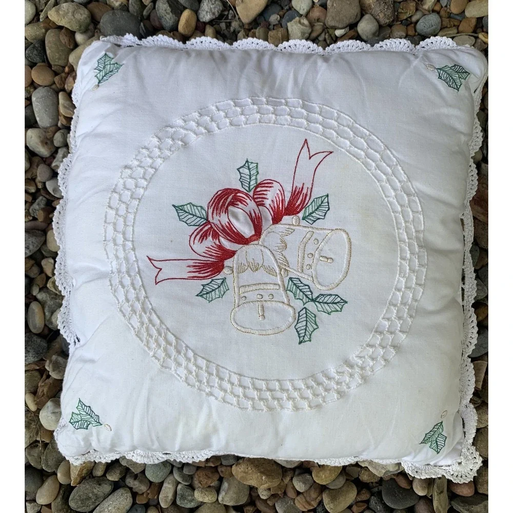 Vintage Christmas Bells Holly Embroidered‎ Decorative Pillow Lace Trim